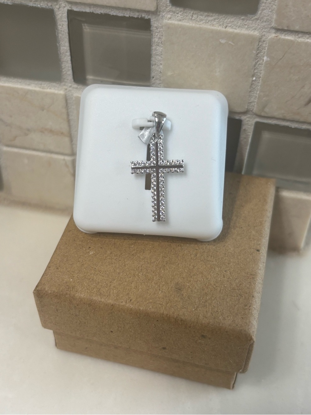 Sterling Cross Pendant Necklace with Clear Stones - Silver - Picture 4 of 5